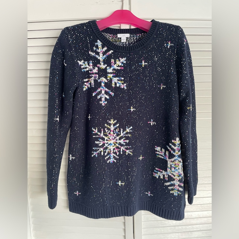 J Jill Navy Blue Sweater with Snowflake Design